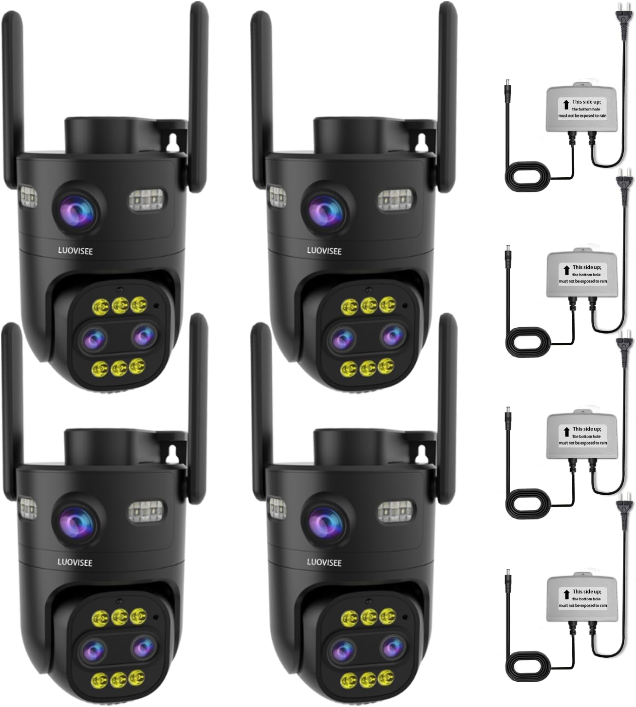 Luovisee 4 Pack Wired Home Camera Outdoor/Indoor with 2K Color Night Vision,AI Human Auto Zoom and Tracking,Pan-Tilt 360° View,Two-Way Audio,Triple-Lens 2.4G/5G WiFi,24/7 Recording,Waterproof