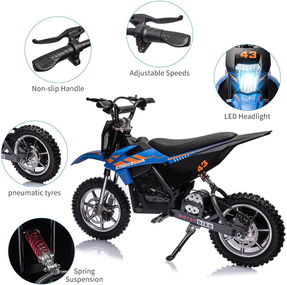 36V Electric Dirt Bike for Kids, Ride on Motorcycle 500W Brushed Motor Variable Speed to 15.5MPH with LED Headlight, Leather Seat,Chain-Driven for Teens Max Load 175lbs,Blue