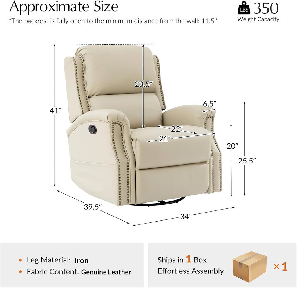 HULALA HOME Genuine Leather Recliner Chair, Swivel Rocker Chair with Thick Seat, Classic Push Back Armchair with Backrest, Nailhead Trim, Beige