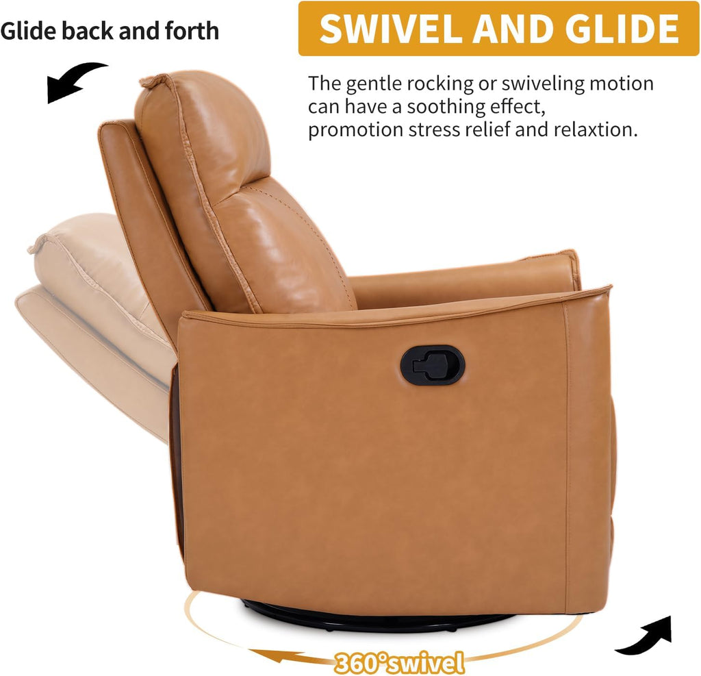 Swivel Rocker Recliner, Glider Rocking Chair, Nursing Chairs Swivel Glider Recliners with Soft Backrest, Leathaire Manual Reclining Sofa for Living Room Bedroom Apartment, Camel