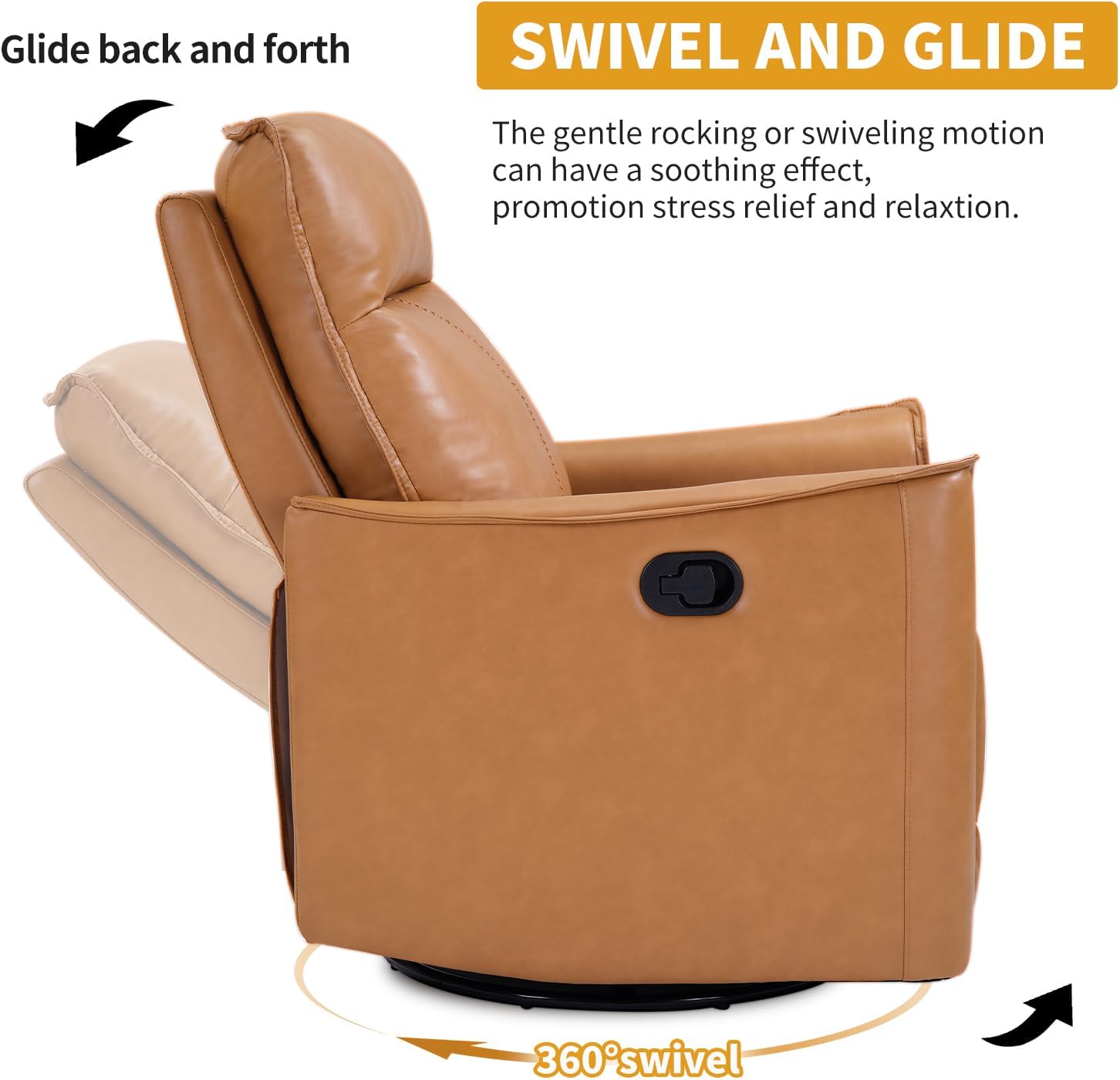 Swivel Rocker Recliner, Glider Rocking Chair, Nursing Chairs Swivel Glider Recliners with Soft Backrest, Leathaire Manual Reclining Sofa for Living Room Bedroom Apartment, Camel