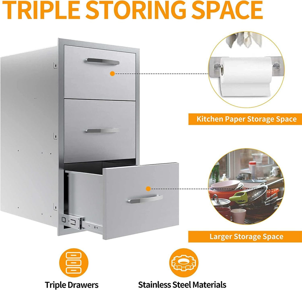 Outdoor Kitchen Double Drawer - Stainless Steel Access Drawers for BBQ Island or Grilling Station, Horizontal Mounting, 17W x 30H x 21D Inch