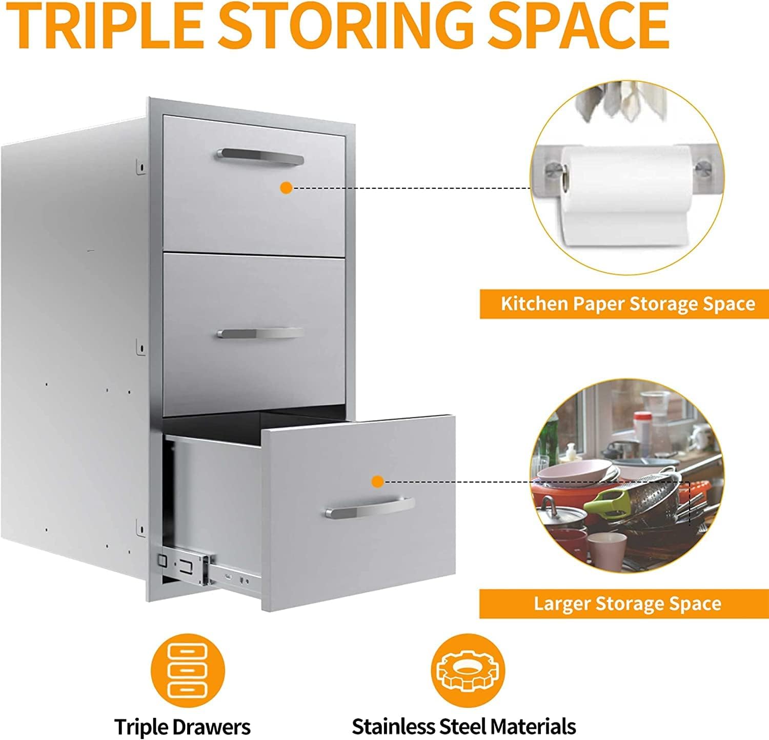 Outdoor Kitchen Double Drawer - Stainless Steel Access Drawers for BBQ Island or Grilling Station, Horizontal Mounting, 17W x 30H x 21D Inch