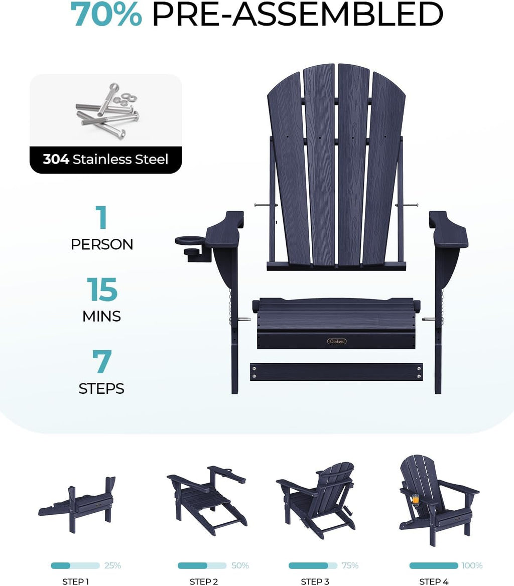 Ciokea Folding Adirondack Chair Wood Texture, Patio Adirondack Chair Weather Resistant, Plastic Fire Pit Chair with Cup Holder, Lawn Chair for Outdoor Porch Garden Backyard Deck, Dary Navy Blue