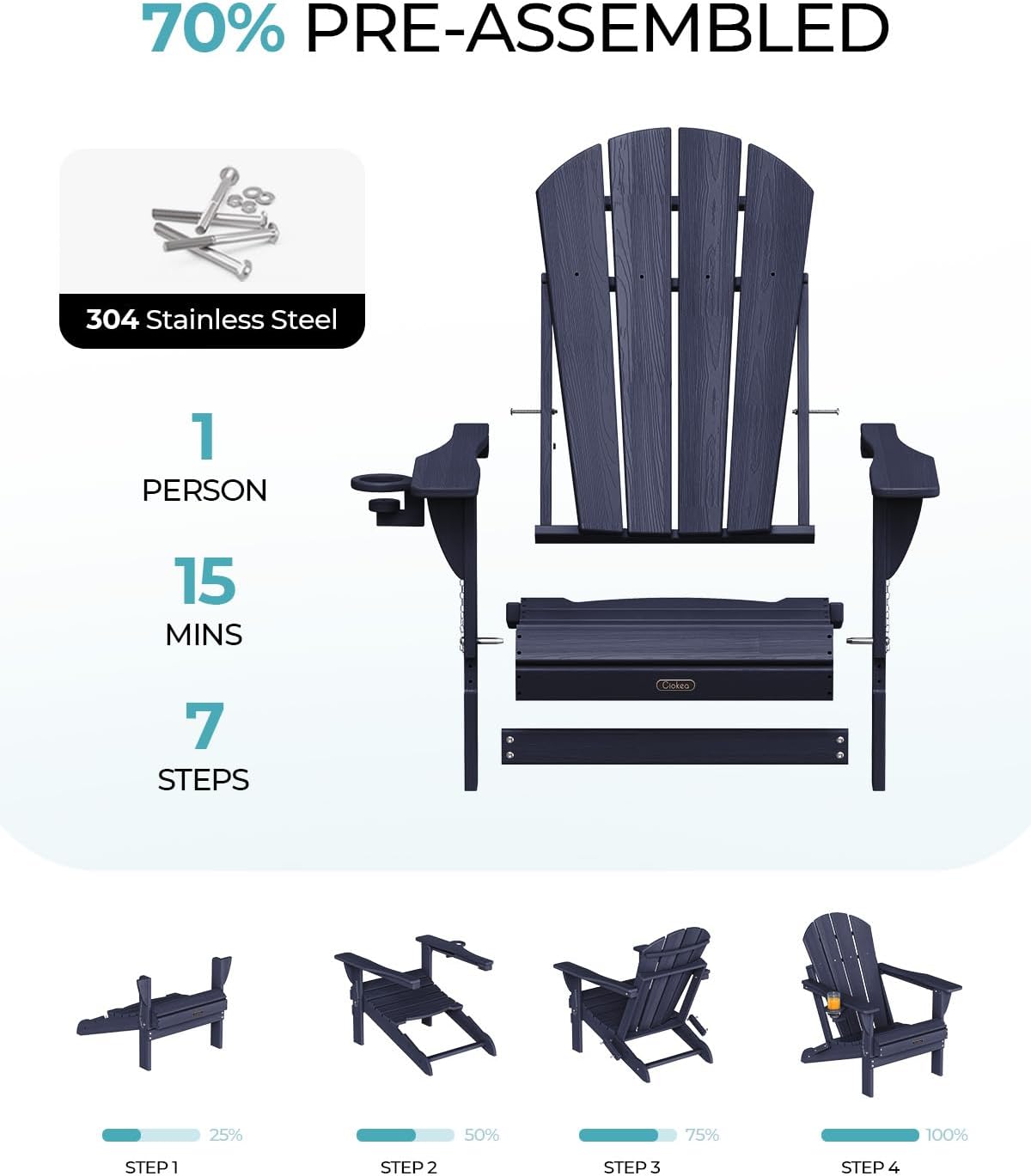 Ciokea Folding Adirondack Chair Wood Texture, Patio Adirondack Chair Weather Resistant, Plastic Fire Pit Chair with Cup Holder, Lawn Chair for Outdoor Porch Garden Backyard Deck, Dary Navy Blue