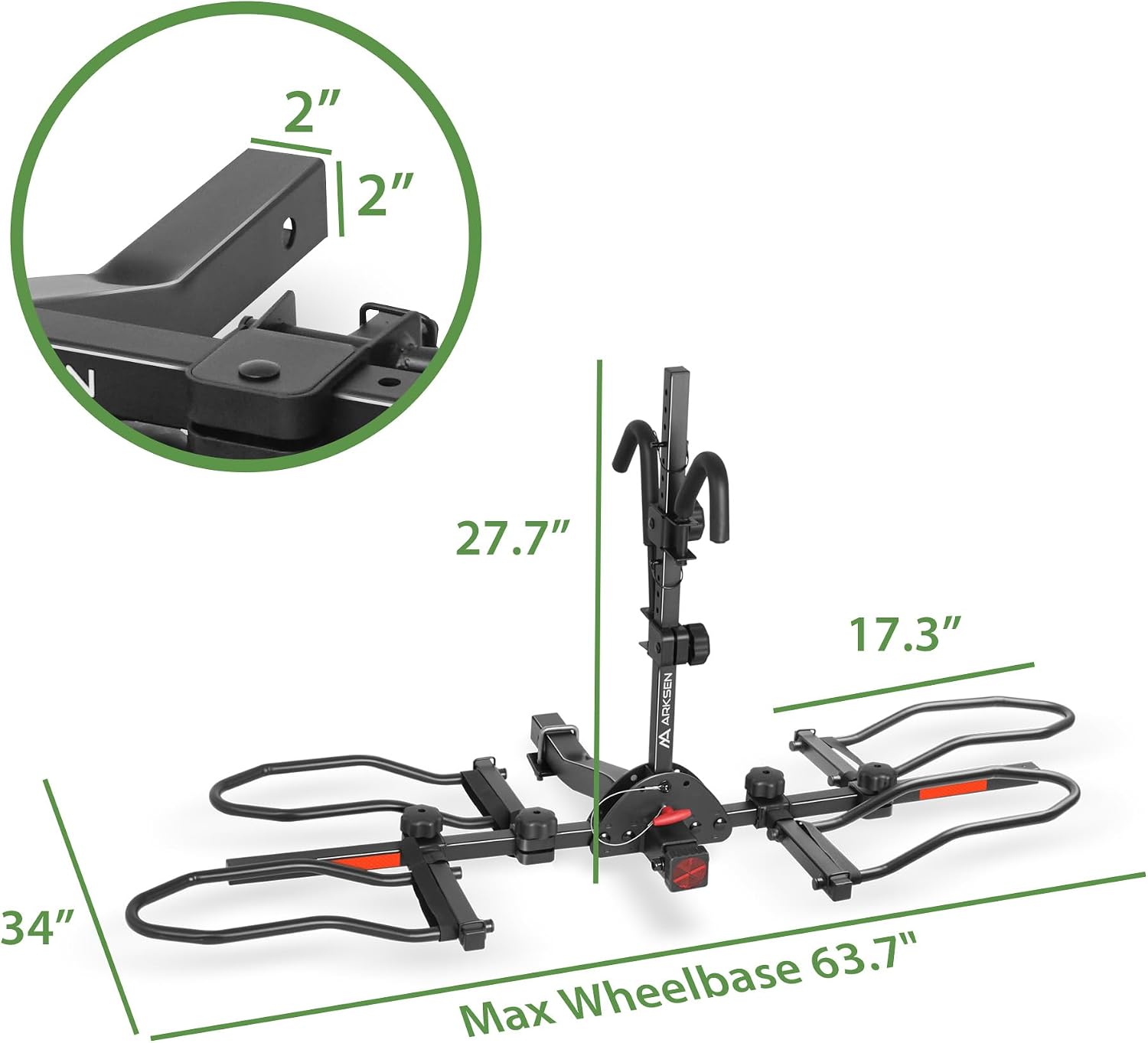 ARKSEN Bike Rack Hitch for Car, 2-Bike Hitch Mount Platform Rack,Holds Electric & Fat Tire Bikes up to 75 lbs Each (150 lbs Total), Fits 2' Receiver, Smart Tilt for SUV, Pickup, RV & Camper