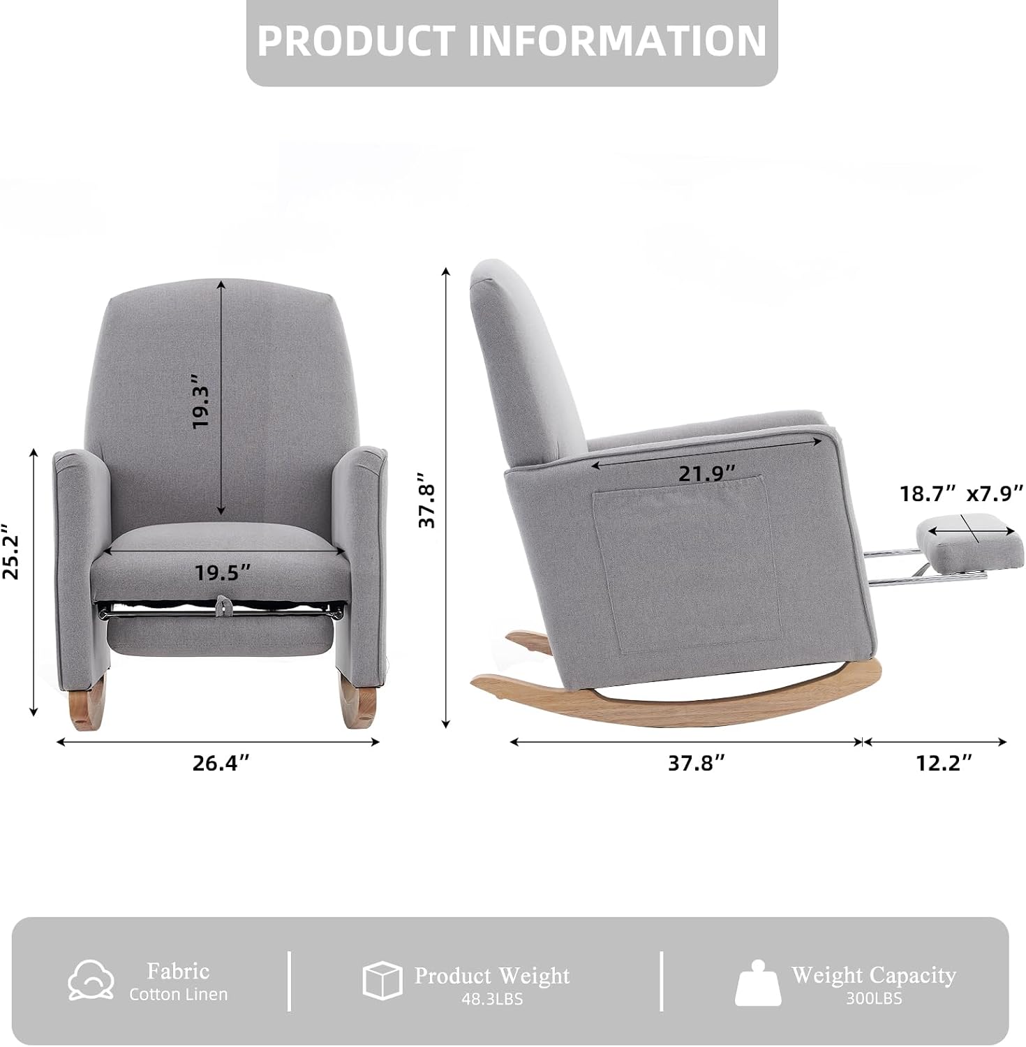 Rocking Chair Nursery with Foot Rest, Nursing Rocking Chair with High Backrest, Glider Rocker Chair for Living Room, Bedroom, Nursery(Cotton Linen Light Gray)