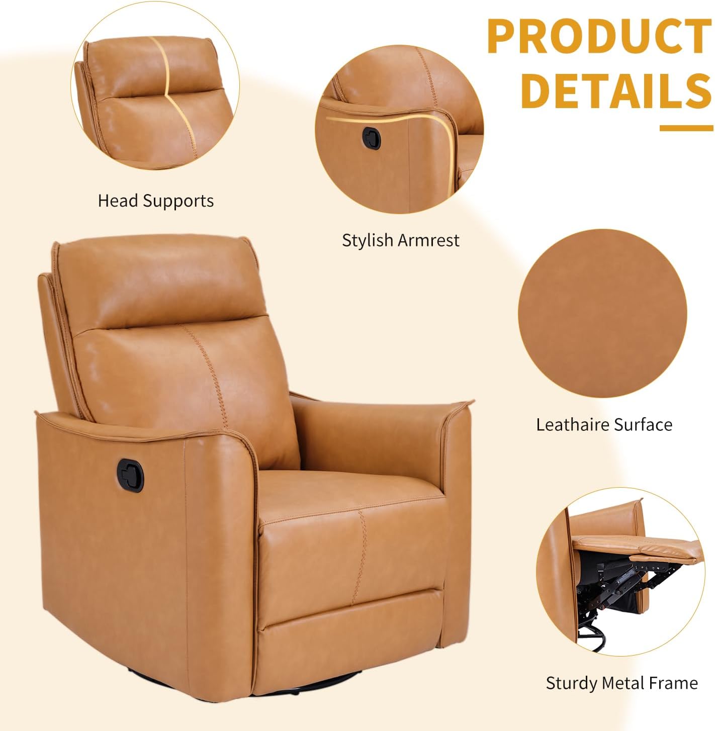 Swivel Rocker Recliner, Glider Rocking Chair, Nursing Chairs Swivel Glider Recliners with Soft Backrest, Leathaire Manual Reclining Sofa for Living Room Bedroom Apartment, Camel