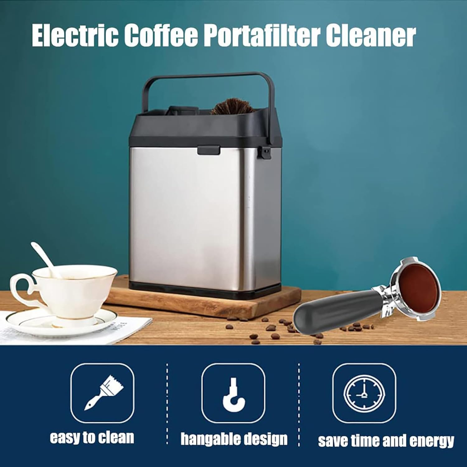 Electric Filter Holder Cleaning Machine Knock Box Coffee Filter Holder Cleaner,with 2 Scrapers and 1 Brush Head,for Home,Cafeteria (Silver)