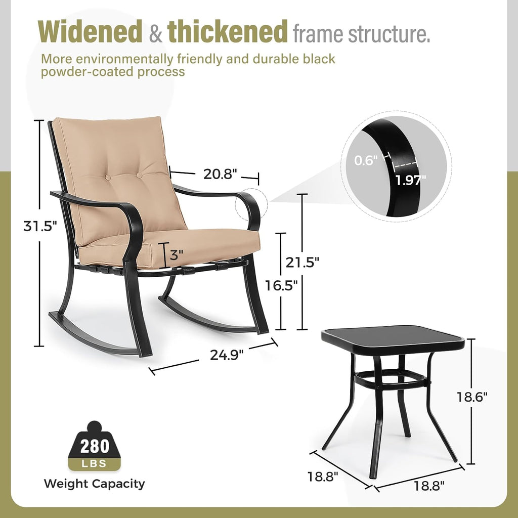 SOLAURA 3-Piece Outdoor Rocking Chairs Bistro Set, Black Iron Patio Furniture with Brown Thickened Cushion & Glass-Top Coffee Table