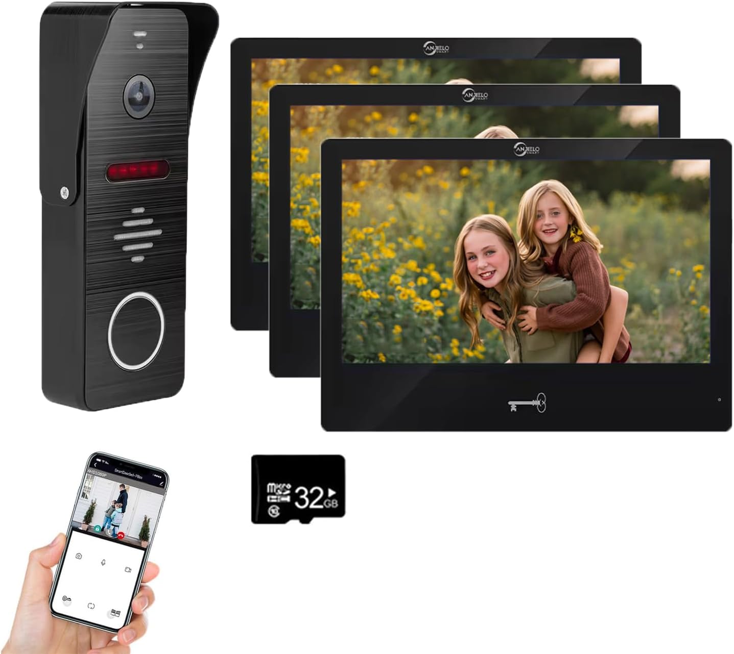 Ring doorbell Wired,1080P Doorbell Camera(B),Indoor Outdoor Camera,10 Inch Monitor (B) Ring Video Doorbell with Night Vision,Dual-Way Intercom for Villa House Office Apartment (1 Bell +3 Screen)