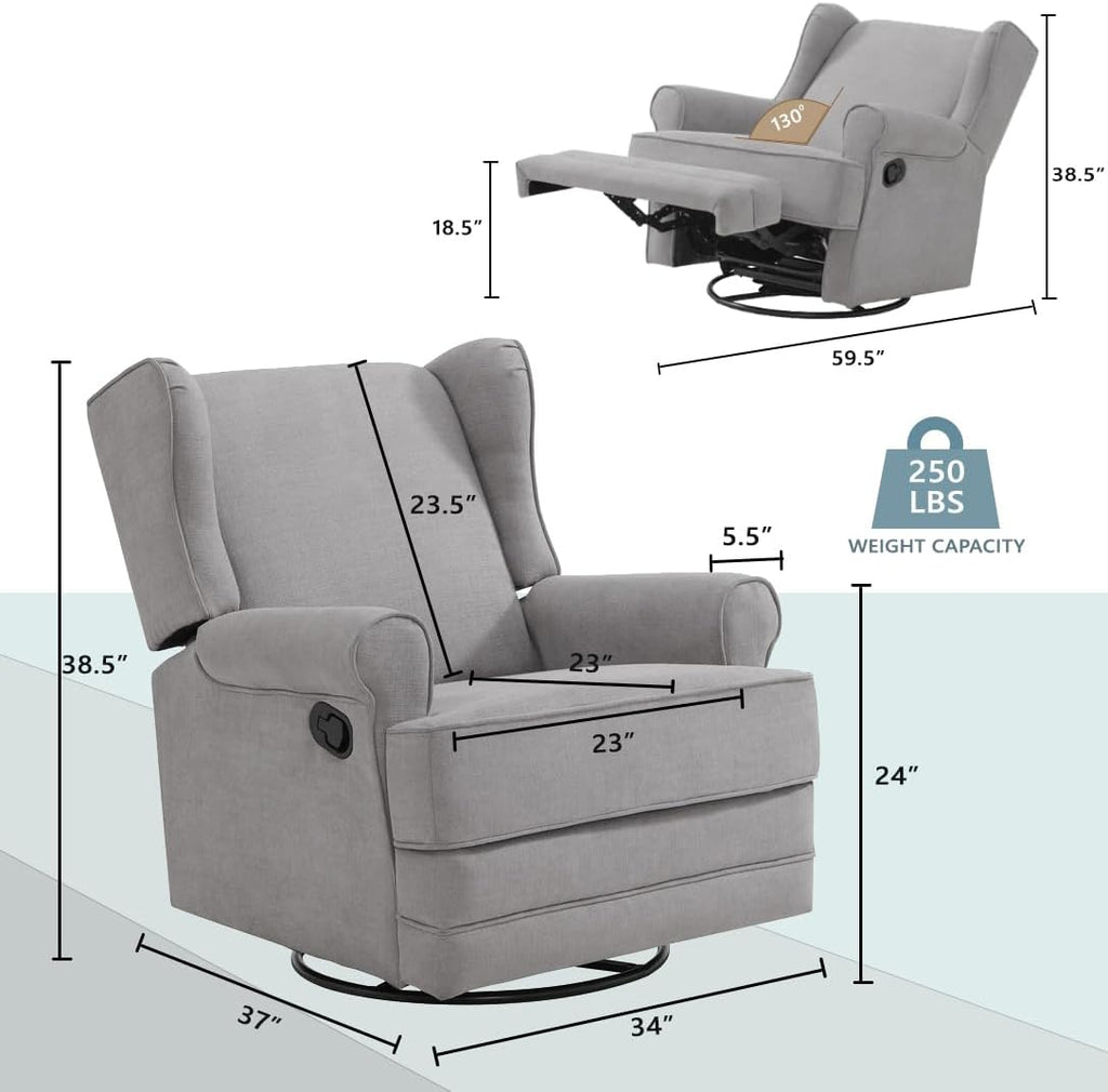 Oxford Baby Teegan Upholstered Glider Recliner Rocking Chair 360° Swivel for Nursery and Living Room - Gray