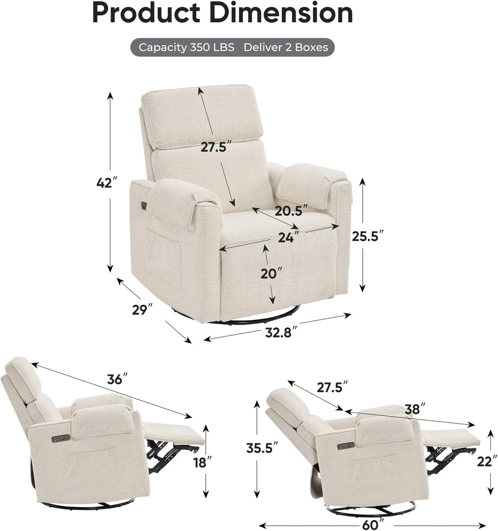 24' Extra Wide Swivel Rocker Recliner Chair with Adjustable Headrest, Oversized Power Rocker Recliner with Overstuffed Armrest, Chenille Rocking Chair Nursery with USB Ports, White