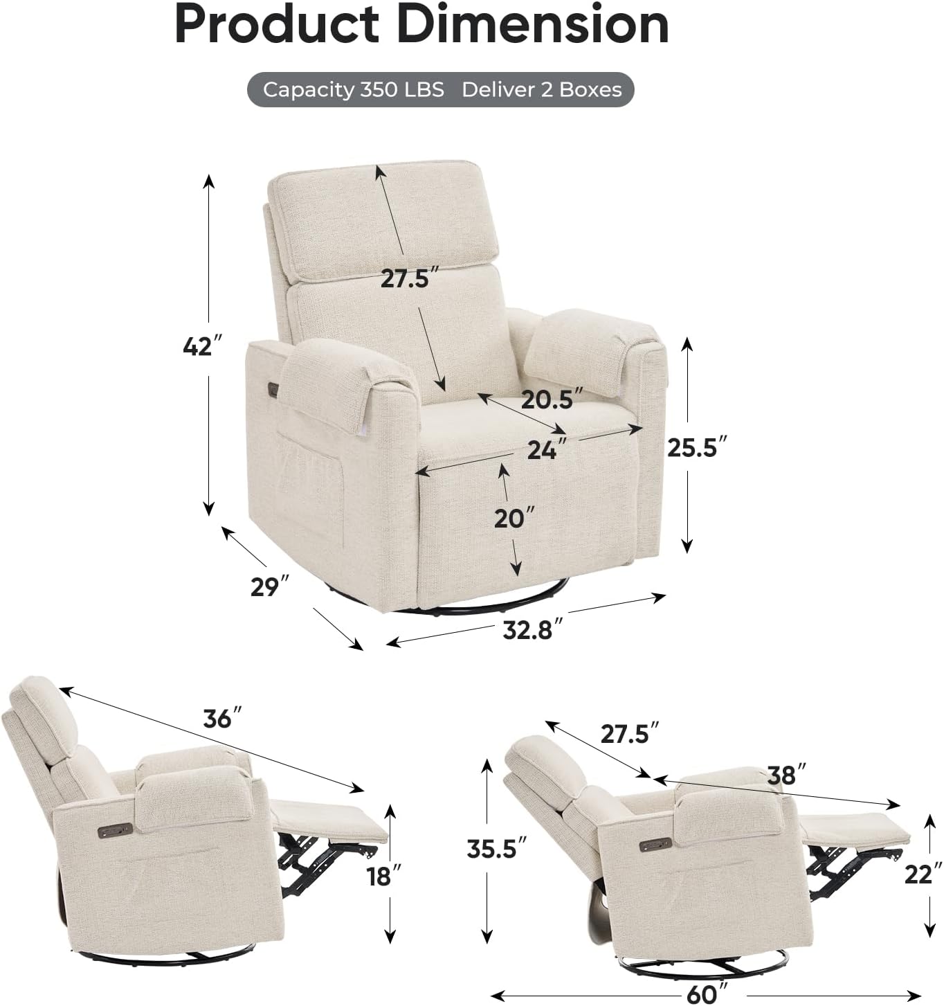 24' Extra Wide Swivel Rocker Recliner Chair with Adjustable Headrest, Oversized Power Rocker Recliner with Overstuffed Armrest, Chenille Rocking Chair Nursery with USB Ports, White