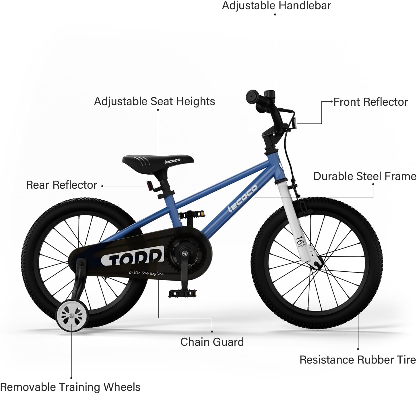 lecoco Kids Bike for Boys Girls, 14 16 18 Inch Children's Bicycle with Training Wheels Pedal Brakes Handbrake & Kickstand Training Bike for Kids and Toddler Multiple Color | with Training Wheels, Pedal Brakes, Handbrake, Kickstand