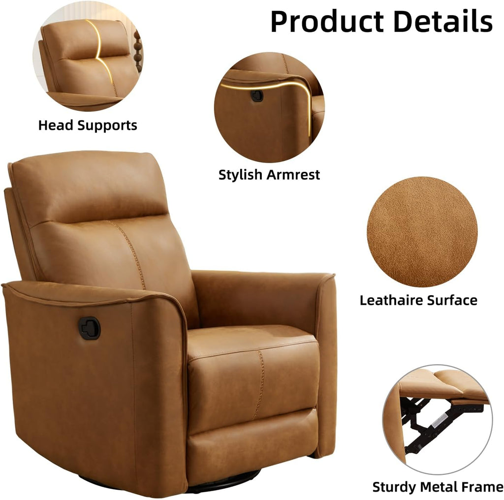 CANMOV Swivel Rocker Recliner, Glider Rocking Chair, Nursing Chairs Swivel Glider Recliners with Soft Backrest, Leathaire Manual Reclining Sofa for Living Room Bedroom Apartment, Brown