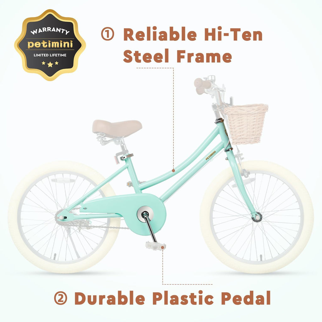 Petimini Vintage Kids Bike for Girls, 12–20 Inch Classic Bicycle with Wicker Basket & Bell, High Tensile Steel Frame, Training Wheels (12–18'), 85% Pre-Assembled, Retro Bike for Outdoor Riding