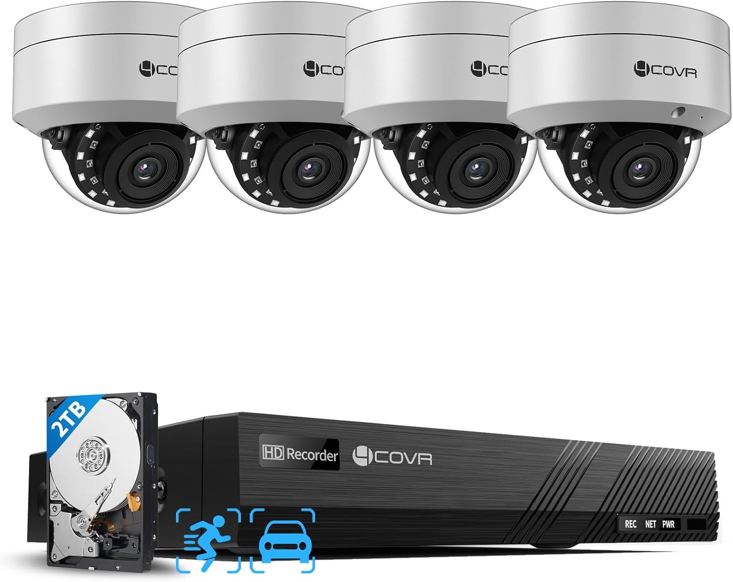 4COVR PoE Security Camera System, 4Pcs 5MP IK10 Vandal-Proof Dome PoE IP Camera with Mic, AI Human Vehicle Detection, 8CH 8MP H.265 NVR with 2TB HDD, IP67 Home Weatherproof Outdoor, LY54AX5M0804