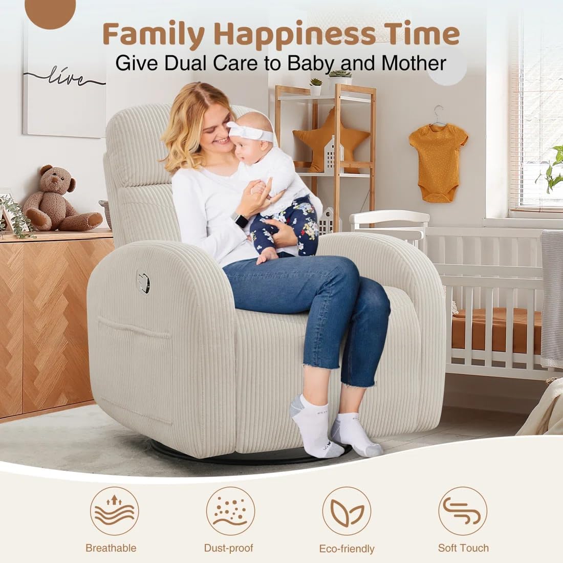 Glider Recliner for Nursery, Swivel Rocker Recliner with 2 Pockets for New Mother, Corduroy Manual Roking Recliners for Living Room, Bedroom, Cream White