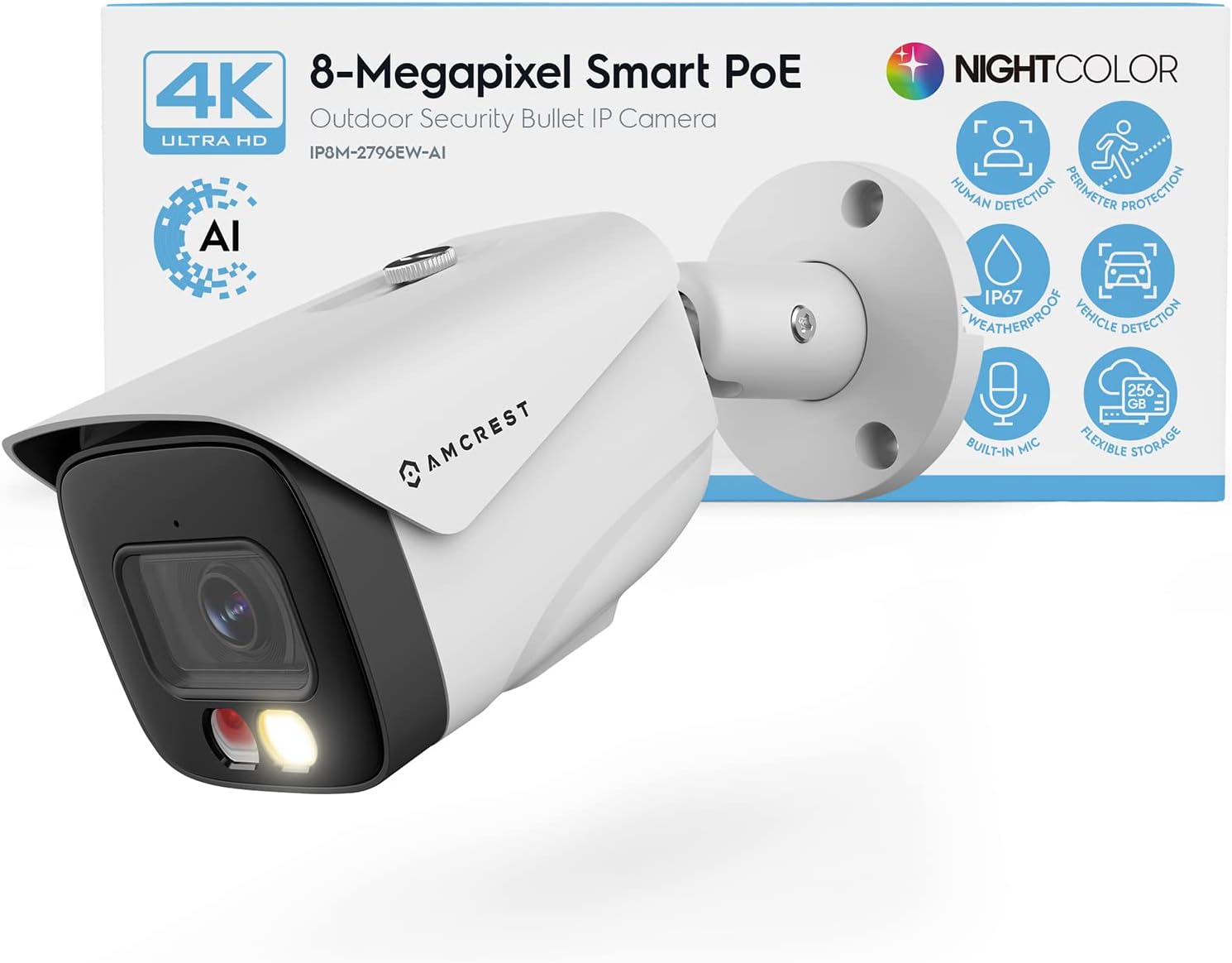 Amcrest UltraHD 4K (8MP) IP PoE AI Camera, FOV 129°, 49ft Color Nightvision, Security Outdoor Bullet Camera, Human & Vehicle Detection, Active Deterrent, 4K @15fps, IP8M-2796EW-AI (White)