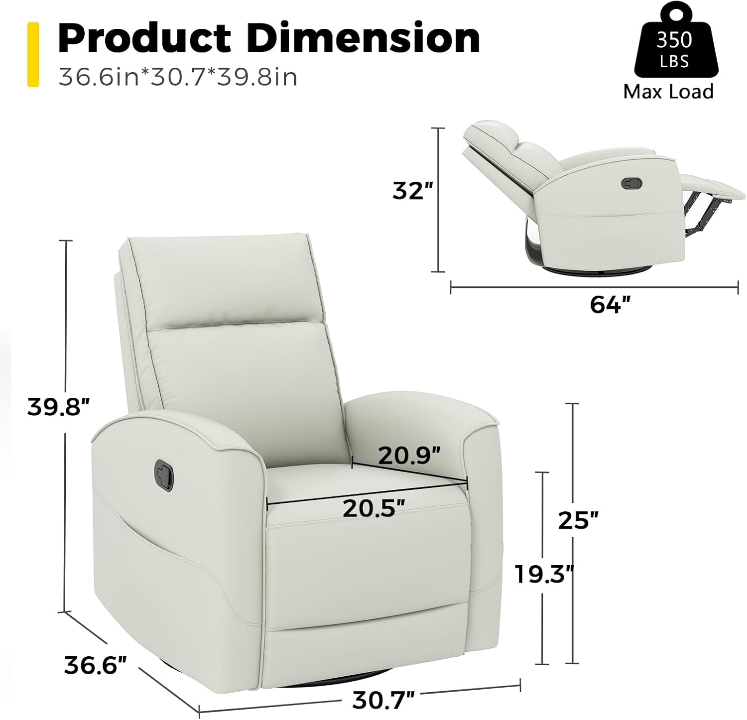 ANJ Manual Swivel Rocker Recliner, Glider Recliners with Padded Armrest and Backrest, Soft Faux Leather Nursery Rocking Recliner Chair Reclining Sofa for Living Room,Cream