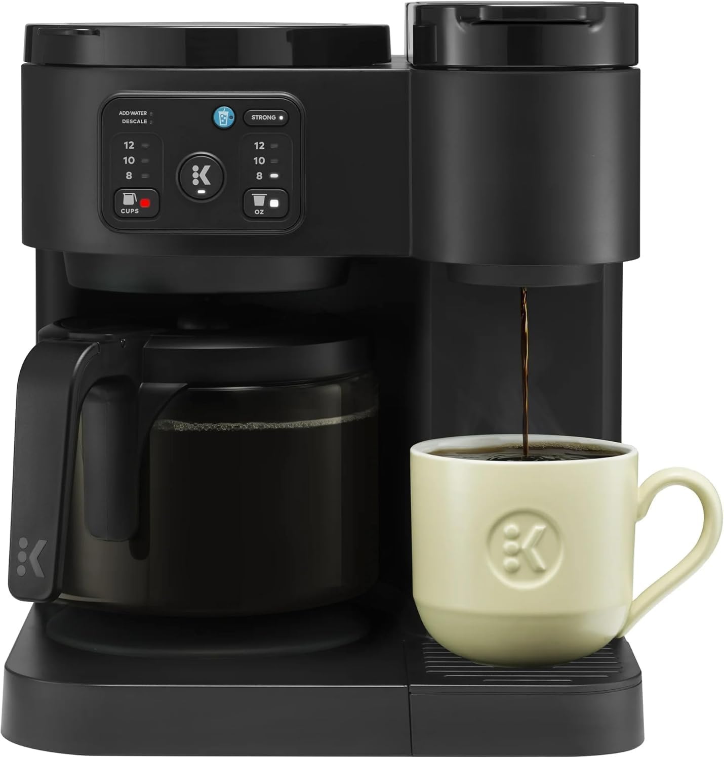 K-Duo Essentials Hot & Iced Single-Serve Coffee Maker with 12-Cup Glass Carafe, Brews KCup Pods & Coffee Grounds, Multiple Brew Sizes, 72 oz Reservoir, Pause & Pour Feature (Blacks)