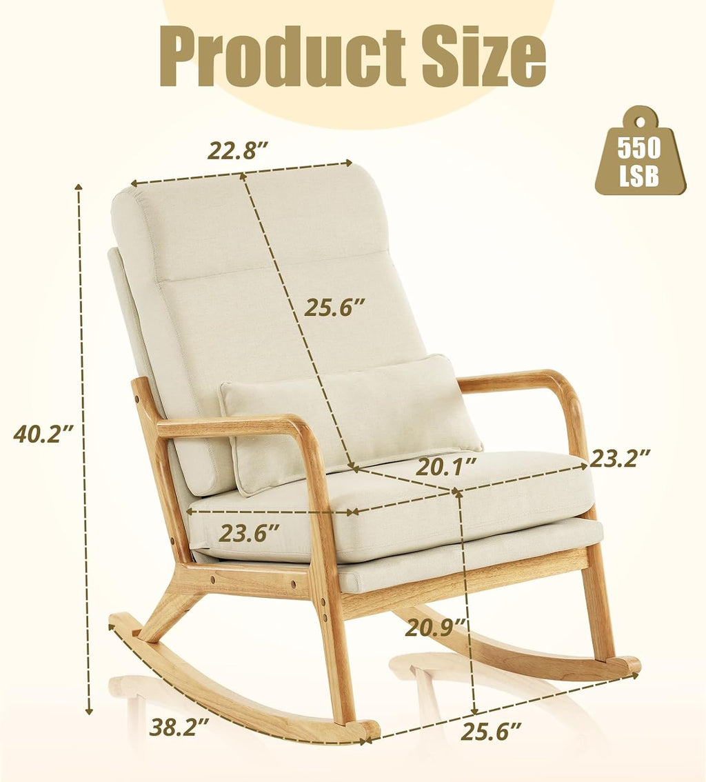 Karl home Nursery Rocking Chair Removable Glider Rocker High Backrest Rocking Armchair Mid-Century Accent Chair with Lumber Pillow for Bedroom, Living Room, Nursery, Beige