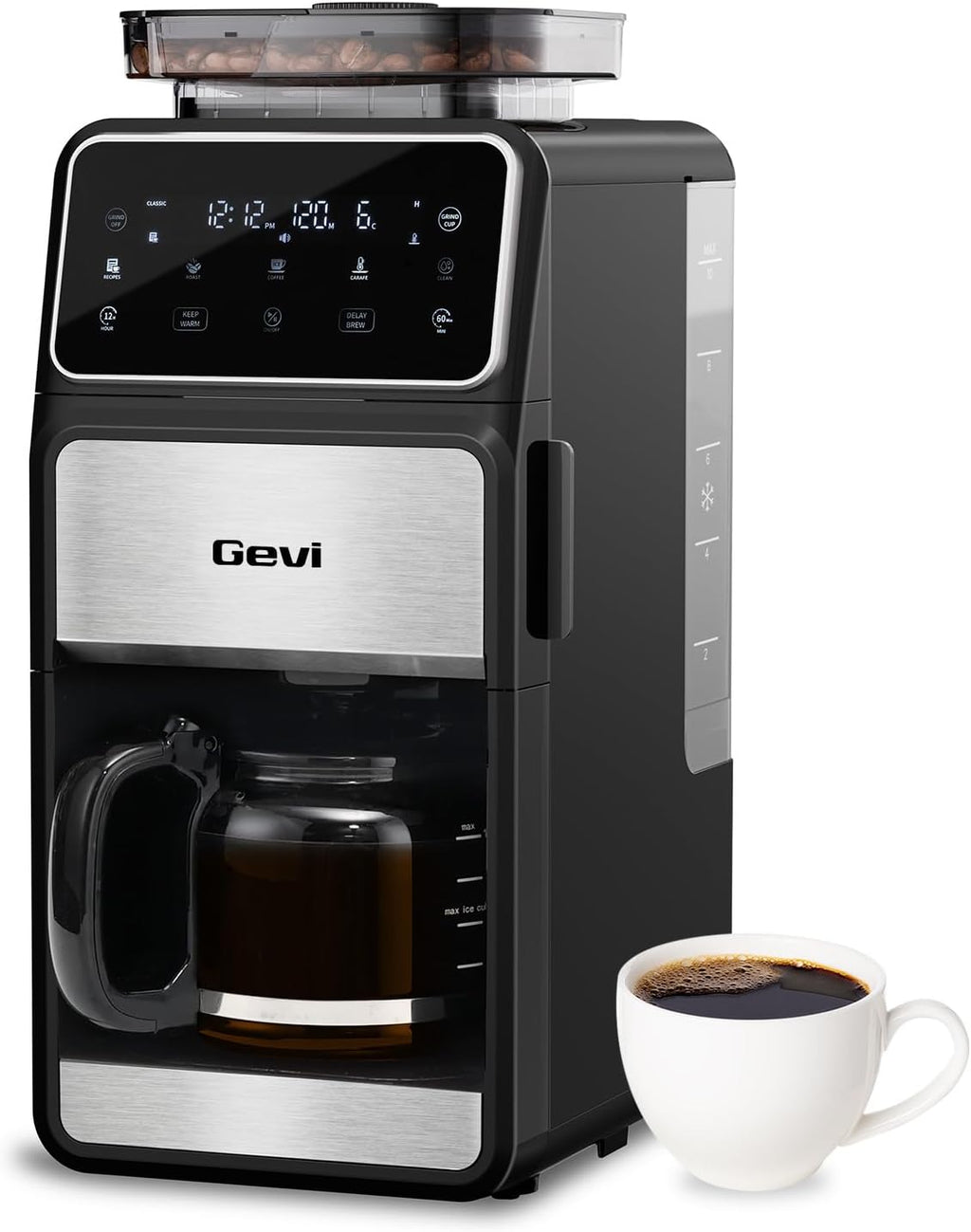 Gevi Grind & Brew Coffee Maker 10 Cup, Built-In Burr Grinder Drip Coffee Machine, Programmable Touch Screen, 4-Hour Warm Plate, Permanent Filter & Glass Carafe