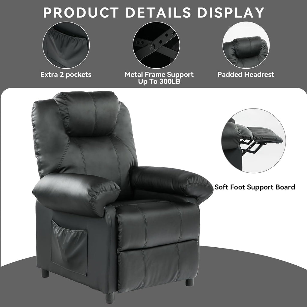 Faux Leather Recliner Chair with Massage and Heat, Mid Century Overstuffed Manual Reclining Chair, Massaging Push Back Recliner Chair Single Sofa for Living Room, Black