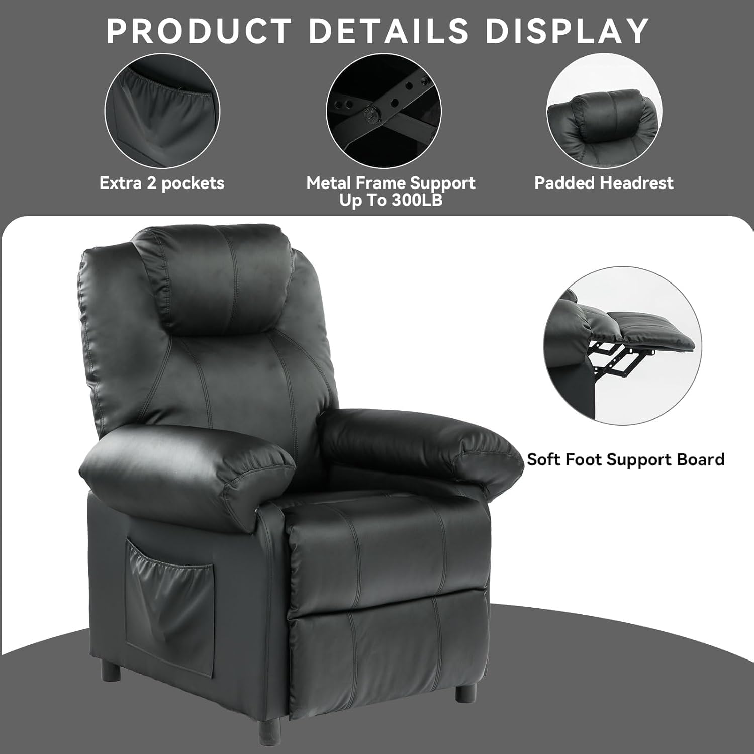 Faux Leather Recliner Chair with Massage and Heat, Mid Century Overstuffed Manual Reclining Chair, Massaging Push Back Recliner Chair Single Sofa for Living Room, Black