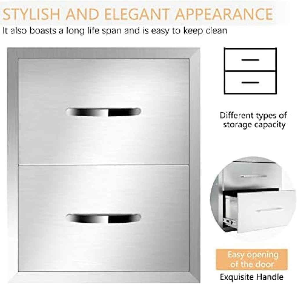Stainless Steel Double Drawers for Outdoor Kitchen Grilling Station - 18Wx23Dx23H