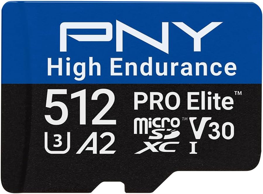 PNY 512GB PRO Elite™ High Endurance C10 U3 V30 A2 microSDXC – Up to 137.6K Continuous Recording Hours, Up to 100/90MB/s Read/Write, 4K UHD, Full HD, UHS-I, Surveillance, Home Security, Dash Cam