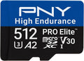 PNY 512GB PRO Elite™ High Endurance C10 U3 V30 A2 microSDXC – Up to 137.6K Continuous Recording Hours, Up to 100/90MB/s Read/Write, 4K UHD, Full HD, UHS-I, Surveillance, Home Security, Dash Cam