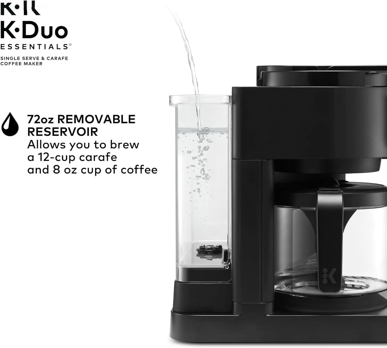 K-Duo Essentials Hot & Iced Single-Serve Coffee Maker with 12-Cup Glass Carafe, Brews KCup Pods & Coffee Grounds, Multiple Brew Sizes, 72 oz Reservoir, Pause & Pour Feature (Blacks)