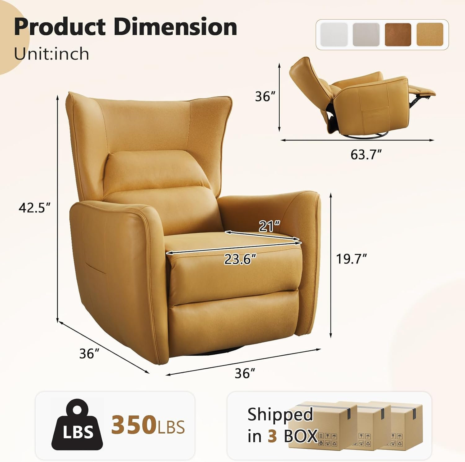 HAOMARKETS Power Swivel Rocker Recliners, Breathable Faux Leather Electric Glider Rocking Recliner Chair for Adults, 270° Swivel Nursery Reclining Sofa with USB Charging Port，Lemon Yellow