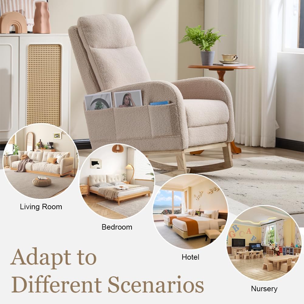 Rocking Chair Nursery with Foot Rest, Sherpa Nursing Rocking for Mom Nursery Rocker Chair with High Backrest, Armchair Rocker Glider with Side Pocket for Living Room, Bedroom, Teddy Begie