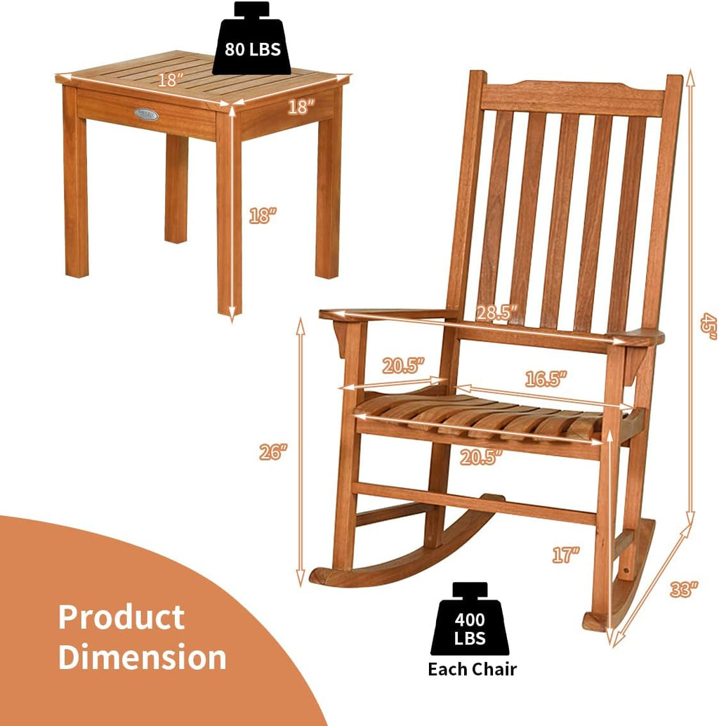 Tangkula 3 Piece Patio Rocking Bistro Set, Patiojoy Eucalyptus Wood Conversation Set with 2 Rockers and 1 Coffee Table, Outdoor Rocking Chair Set with Coffee Table for Porch, Patio and Backyard