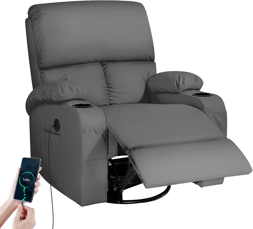 LEVELEVE Rocking Recliner Chair, Massage Rocker Recliner Chair with Vibration Massage and Heat, USB and Type-C Ports,360° Swivel Faux Leather Chairs, Living Room, Bedroom, Nursery, RV, Dark Grey