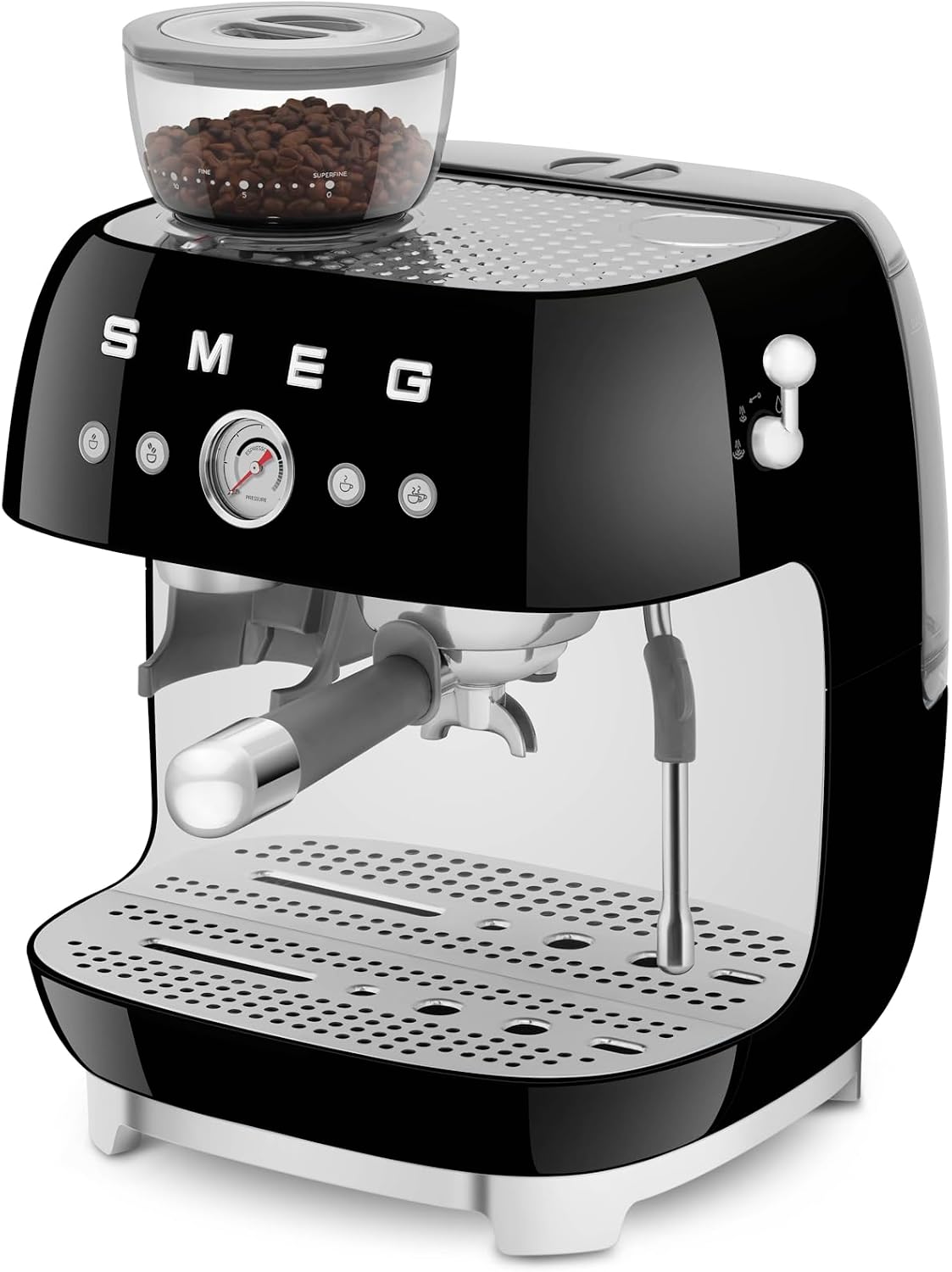 Smeg EGF03 Semi-Automatic Espresso Machine with Built-In Grinder, Dual Thermoblock, 50's Retro Style – Black (120 V)
