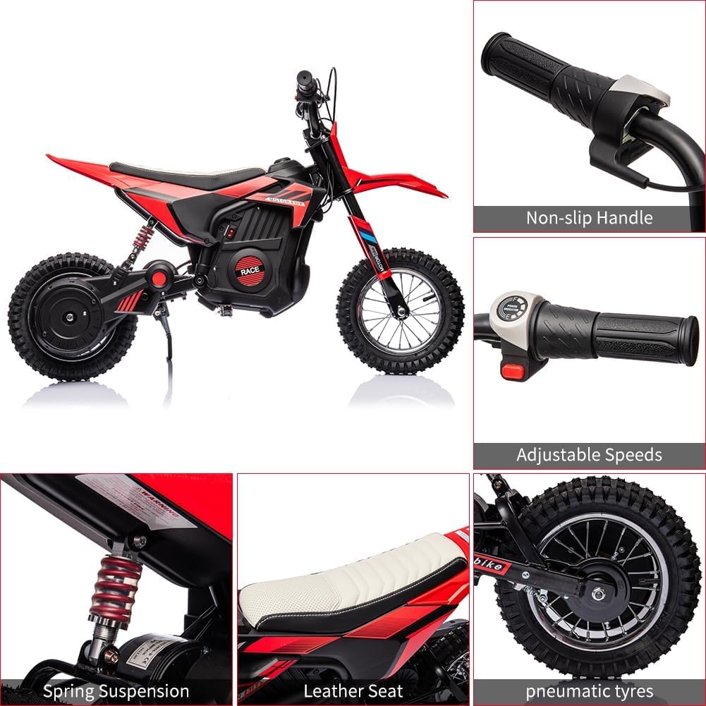 24V Electric Off-Road Motorcycle,250W Motor 13.6MPH Fast Speed Motocross,Leather Seat Dirt Bike,Twist Grip Throttle,Metal Suspension,Air-Filled Tires,for Kids Teens 8+ (Red)
