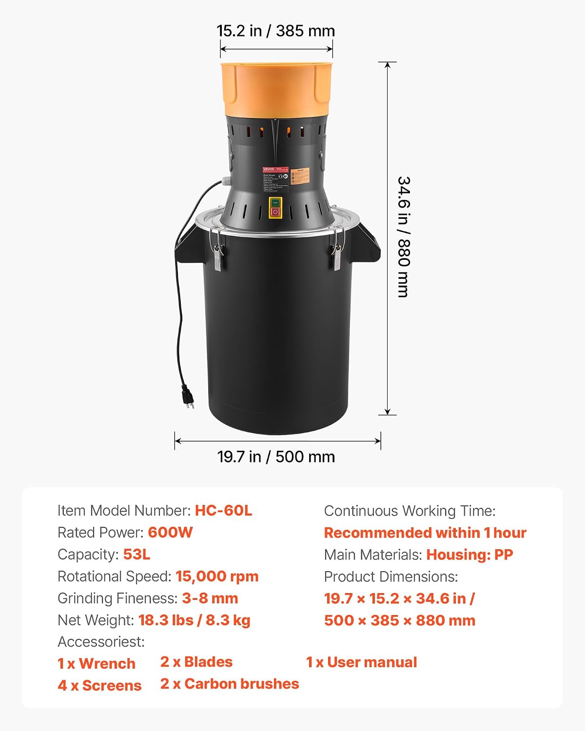 VEVOR Electric Grain Mill Grinder, 600W High Power Commercial Spice Grinder, 60L Pulverizer Powder Machine with Galvanized Sharp Blades, for Dry Grains, Spices, Cereals, Coffee, Corn & Pepper