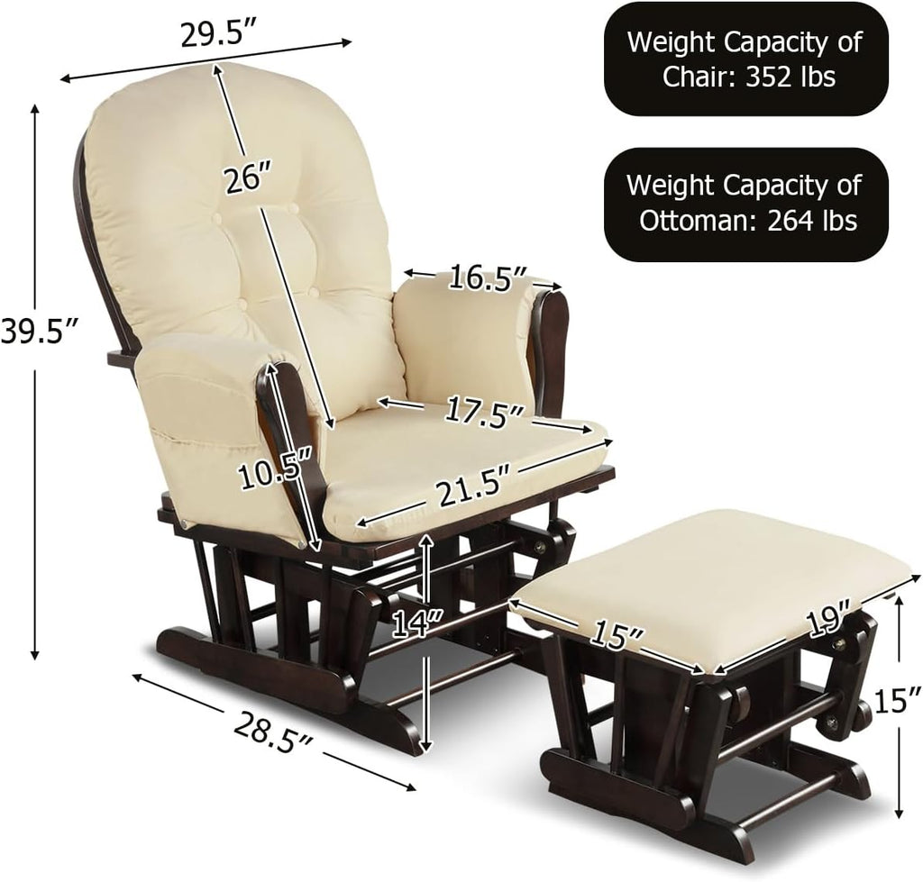 Costzon Glider and Ottoman Set, Wood Glider Rocker for Nursery, Upholstered Comfort Nursing Rocking Chair with Storage Pocket, Padded Armrests & Detachable Cushion, Easy to Assemble (Beige)