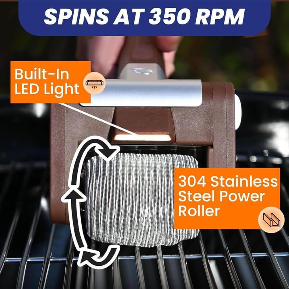 Electric Grill Cleaner Bristle Free, Stainless Cordless & Rechargeable Steel Power Roller with LED Light, Spinning BBQ Grill Brush, 350 RPM High-Speed Cleaning