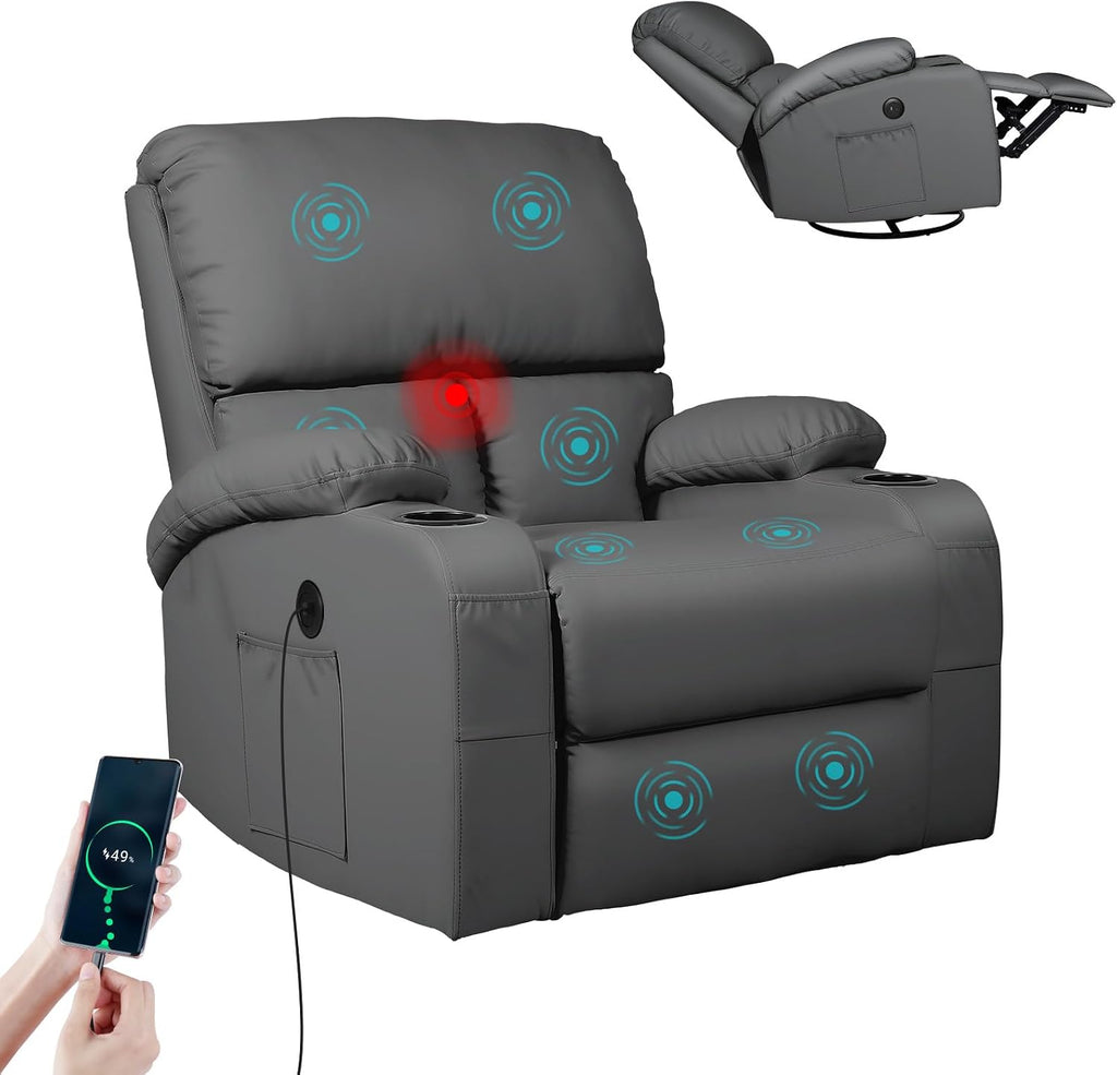 LEVELEVE Rocking Recliner Chair, Massage Rocker Recliner Chair with Vibration Massage and Heat, USB and Type-C Ports,360° Swivel Faux Leather Chairs, Living Room, Bedroom, Nursery, RV, Dark Grey