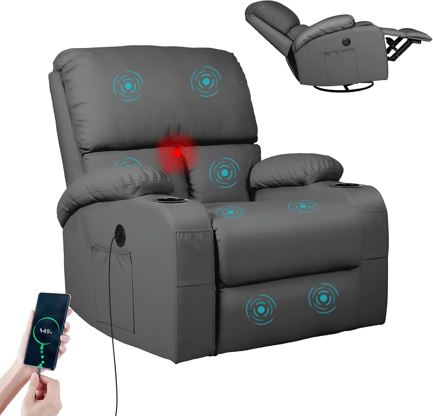 LEVELEVE Rocking Recliner Chair, Massage Rocker Recliner Chair with Vibration Massage and Heat, USB and Type-C Ports,360° Swivel Faux Leather Chairs, Living Room, Bedroom, Nursery, RV, Dark Grey