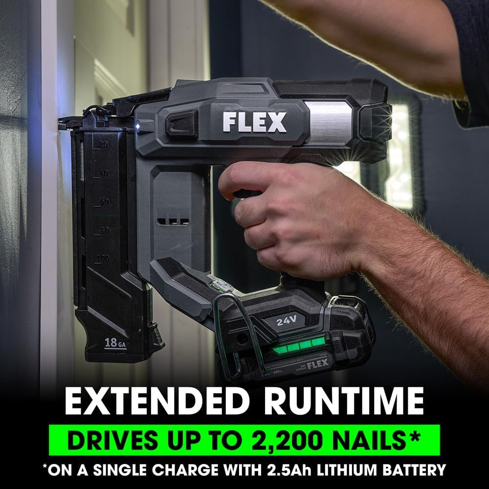 FLEX 24V Brushless Cordless 18 Gauge Brad Nailer Kit, Zero Ramp-up, 3 Nails/Sec, Light-Duty Decorative Trim, Drives 5/8' to 2-1/8', Lightweight w/ 2.5Ah Battery & 160W Fast Charger - FX4331-1A