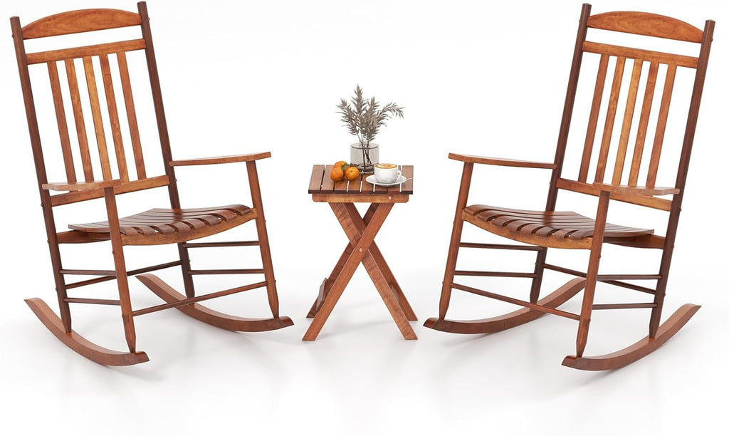 Tangkula 3-Piece Outdoor Poplar Wood Rocking Bistro Set, High Back Front Porch Rocker Chairs Conversation Set with Folding Coffee Table and Armrests, Outdoor Patio Furniture Set for Balcony Backyard