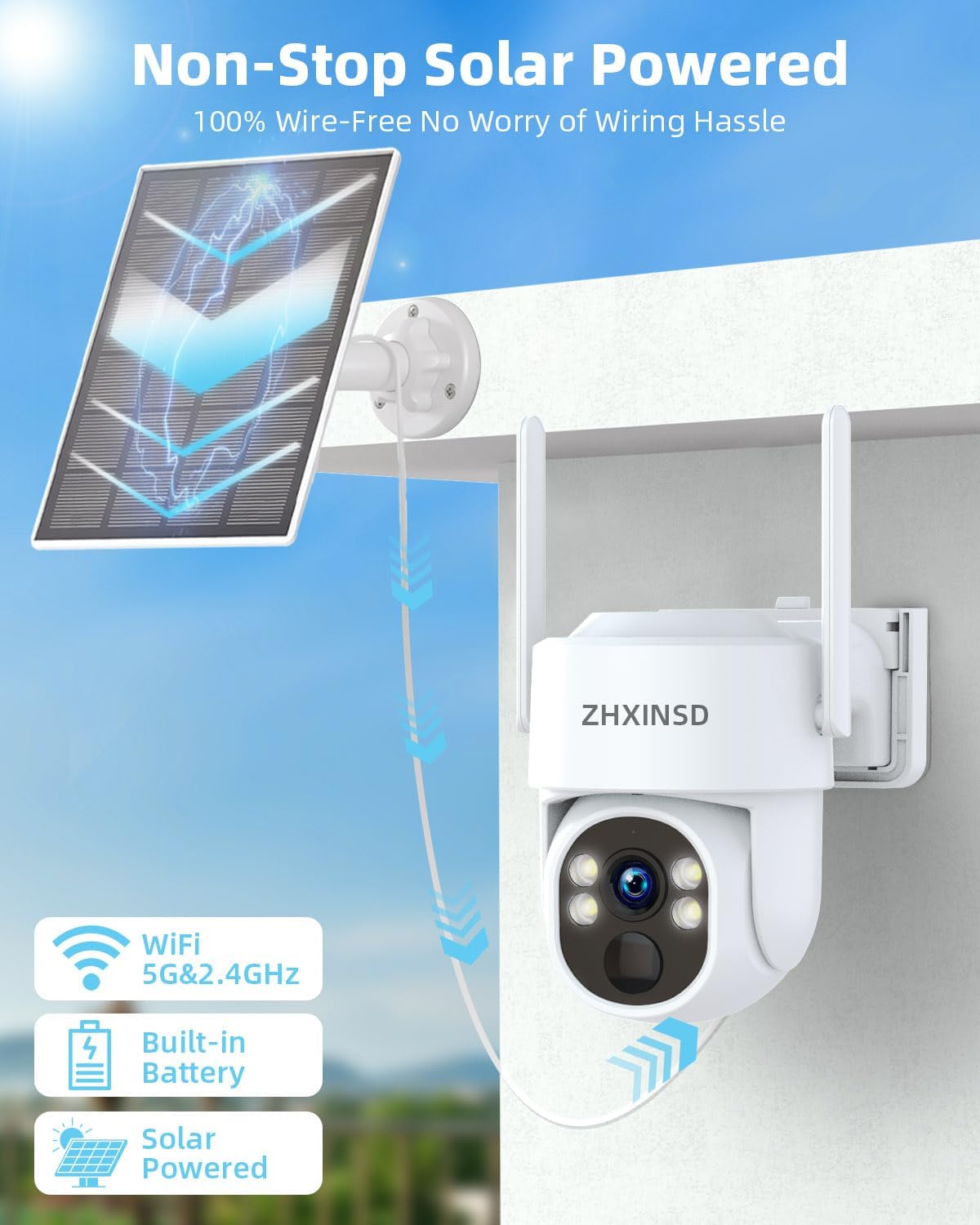 2.5K Outdoor Solar Wireless Security Camera System, 4-Camera Kit with 10' Monitor for Home Surveillance 360° View, 2.4/5GHz WiFi, Forever Power, 64GB Storage, No Subscription, No Monthly Fee