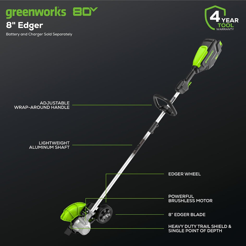 Greenworks 80V All-Terrain Brushless Edger, 8' Steel Blade, 2.25' Pro Depth & Tool-Free Adjust, 27cc Gas Power Equivalent, Battery and Charger Not Included