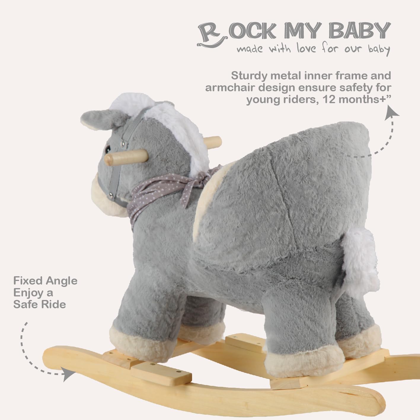 Rock My Baby Rocking Gray Horse with Chair, Plush Stuffed Rocking Pony with Realistic Sound, Baby Rocker Animal for Toddlers 1-3 Ride on,CPC Certified